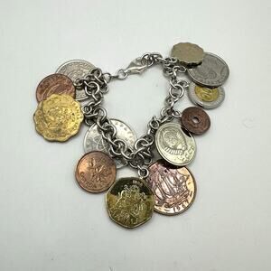 JCM 925 Italy Vintage World Coin Charm Bracelet Sterling Silver Chunky Jewelry